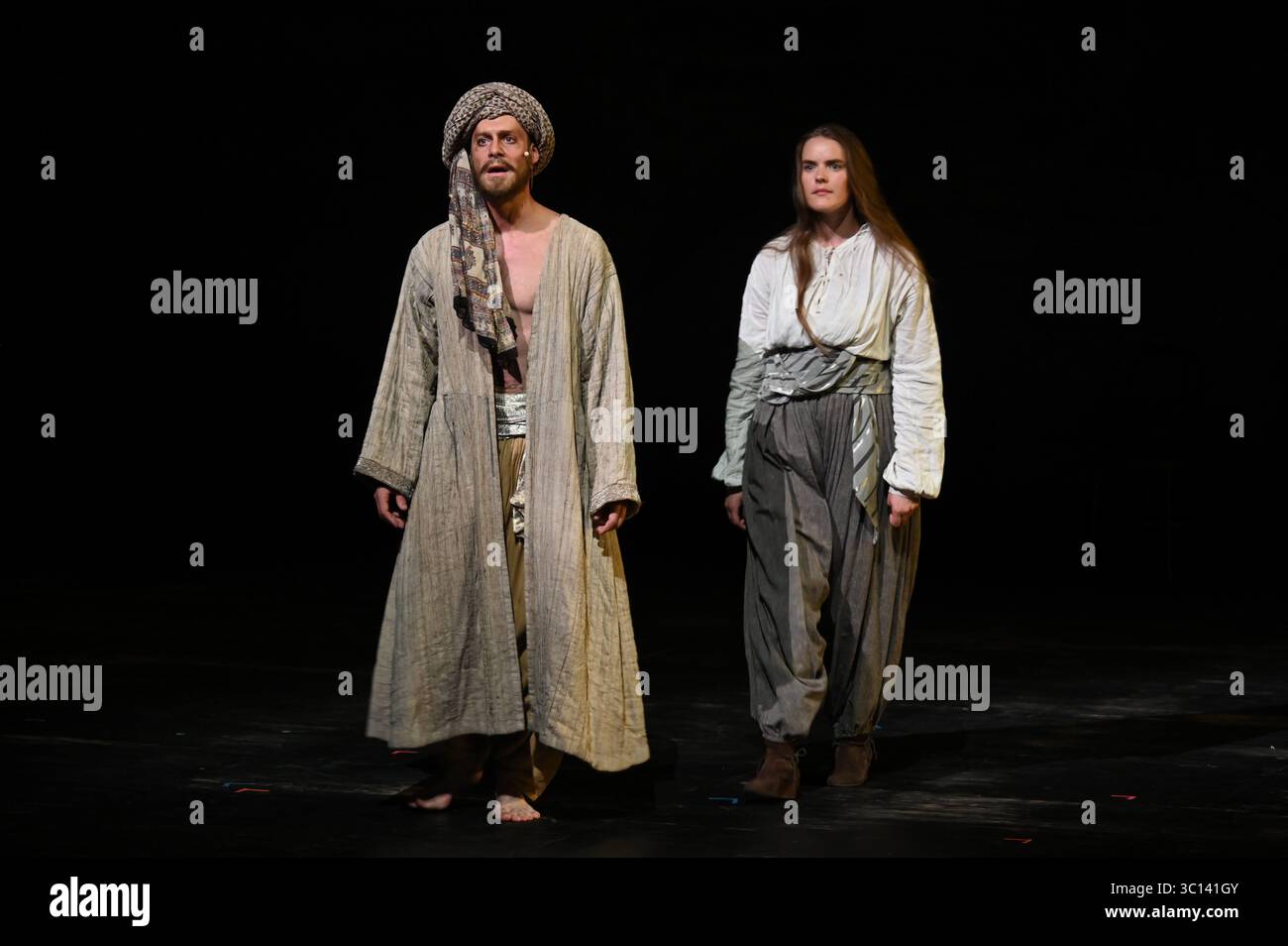 Festival d'Avignon IN 2025 'Le soulier de satin' ('The Satin Slipper'), play by Paul Claudel directed by Eric Ruf, performed in the Courtyard of the Palais des Papes on 19 July 2025  Costumes by Christian Lacroix    With the troupe of the Comédie-Française  Alain Lenglet, Florence Viala, Coraly Zahonero, Laurent Stocker, Christian Gonon, Serge Bagdassarian, Suliane Brahim, Didier Sandre, Christophe Montenez, Marina Hands, Danièle Lebrun, Birane Ba, Sefa Yeboah, Baptiste Chabauty, Edith Proust and Fanny Barthod, Rachel Collignon, Gabriel Draper et Vincent Leterme, Aurélia Bonaque Ferrat, Ingrid Stock Photo