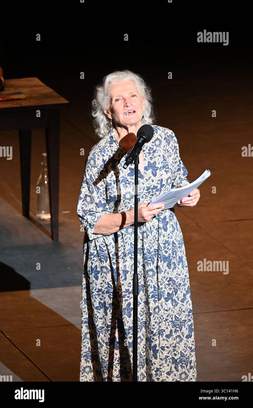 Festival d'Avignon IN 2025 The Pelicot Trial. Tribute to Gisèle Pelicot, at the Cloître des Carmes, 18 July 2025    With Adama Diop actor, Alison Dechamps actress, Anne Lassalle lawyer, Ariane Ascaride actress, Ayoub Kallouchi actor, Camille Etienne environmental activist, Caroline Gillet journalist, Clara Hédouin director, Corentin Legras doctoral student in anthropology, Cyrielle Voguet actress, Elios Noel actress, Elisabeth Saint-Jalmes actress and set designer, Eva Doumbia actress and director, Fatma Hamdoun researcher, Florian Pâque actor, Françoise Nyssen president of the Festival d'Avig Stock Photo