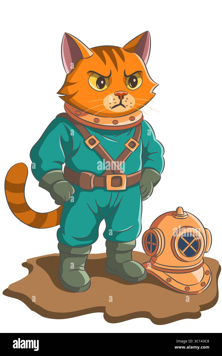 Vector illustration of cartoon cat diver isolated on white background Stock Vector