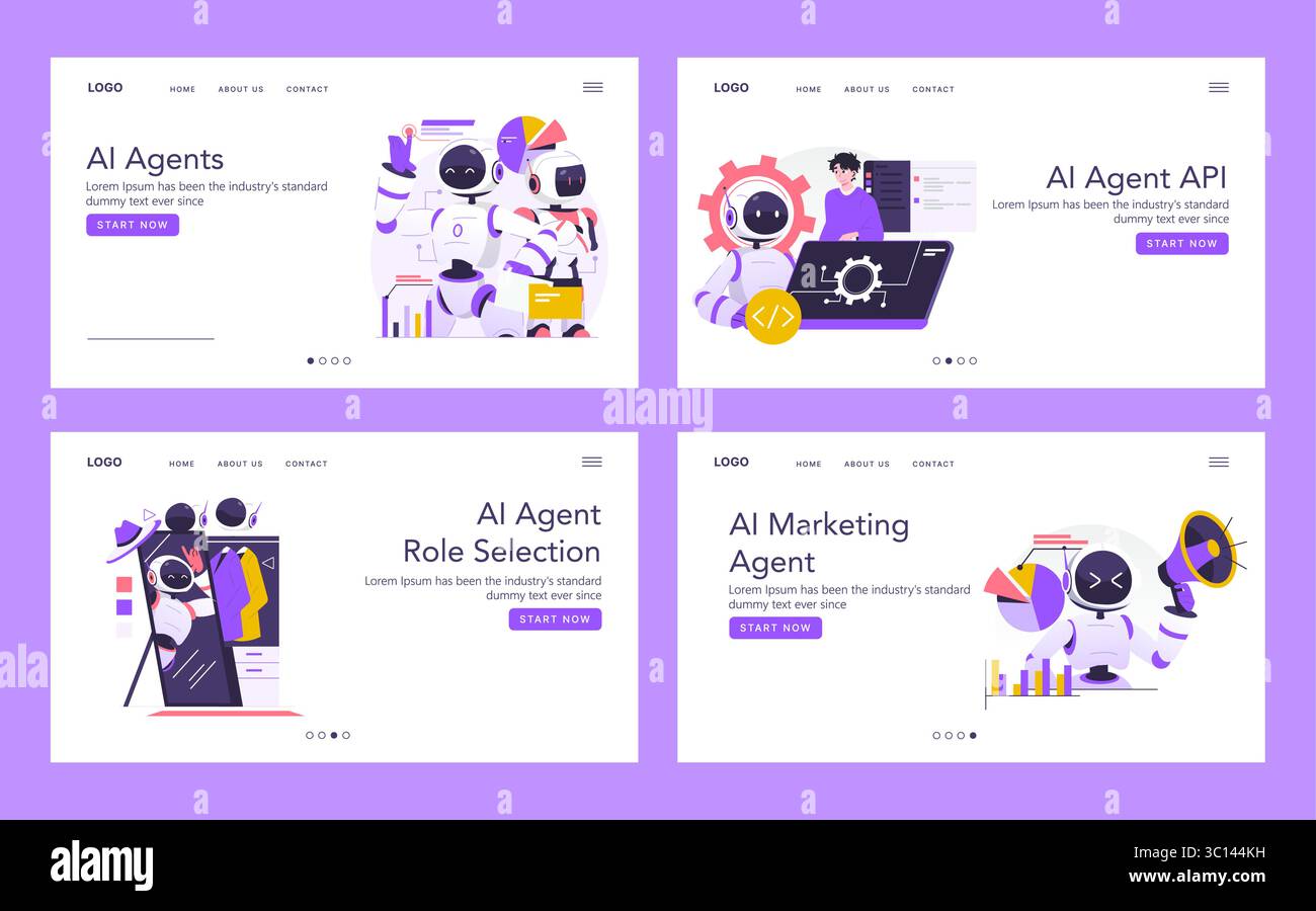 Vector illustration showcasing various AI agent roles, including marketing and API development. Highlighting adaptability and technology in modern artificial intelligence applications. Stock Vector