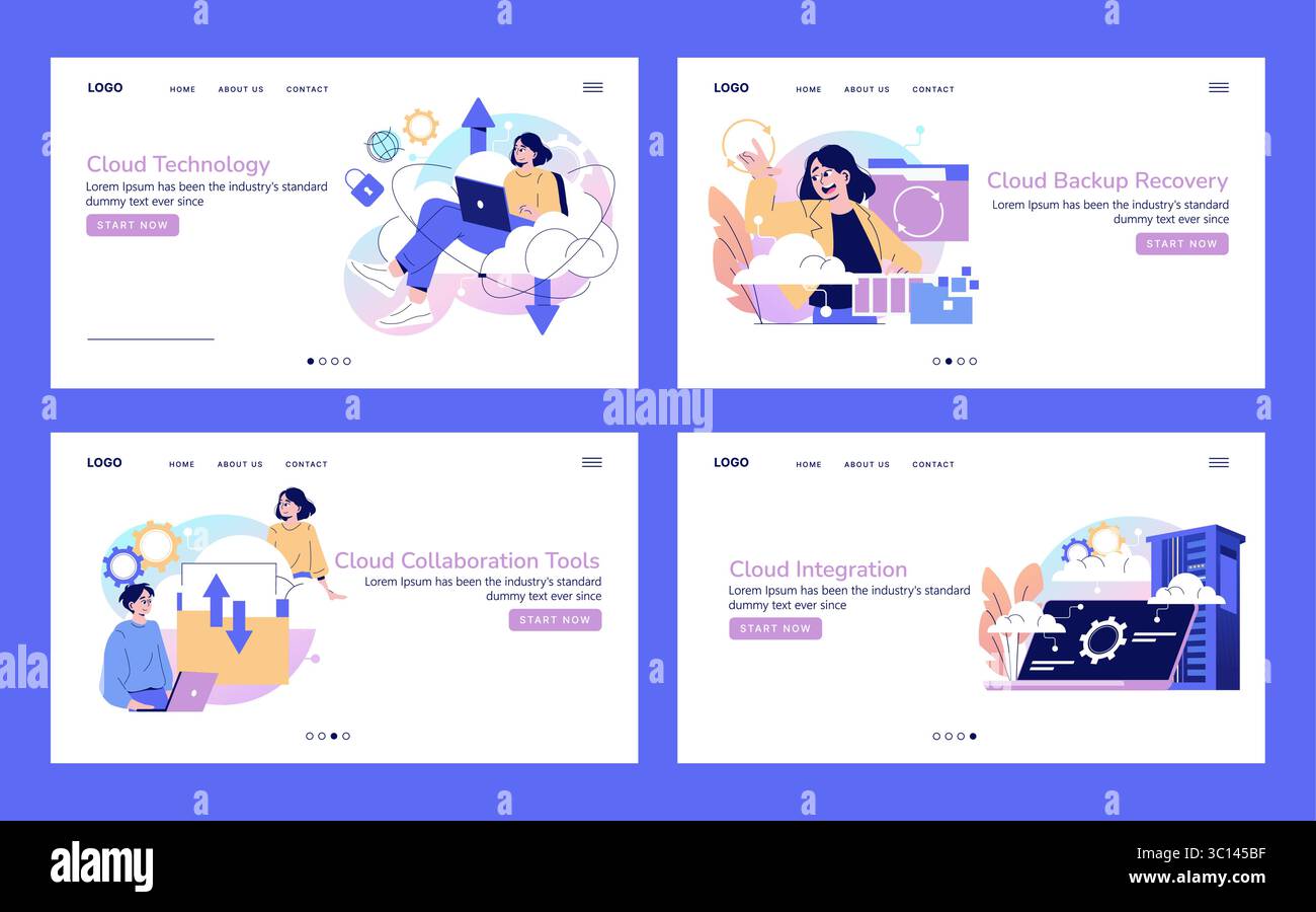 Vector illustration depicting cloud technology, integration, backup recovery, and collaboration tools concepts. Features people engaging with cloud services and digital interfaces. Stock Vector