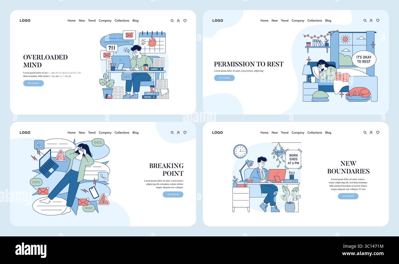 Four vector illustrations depicting work-life balance challenges ...