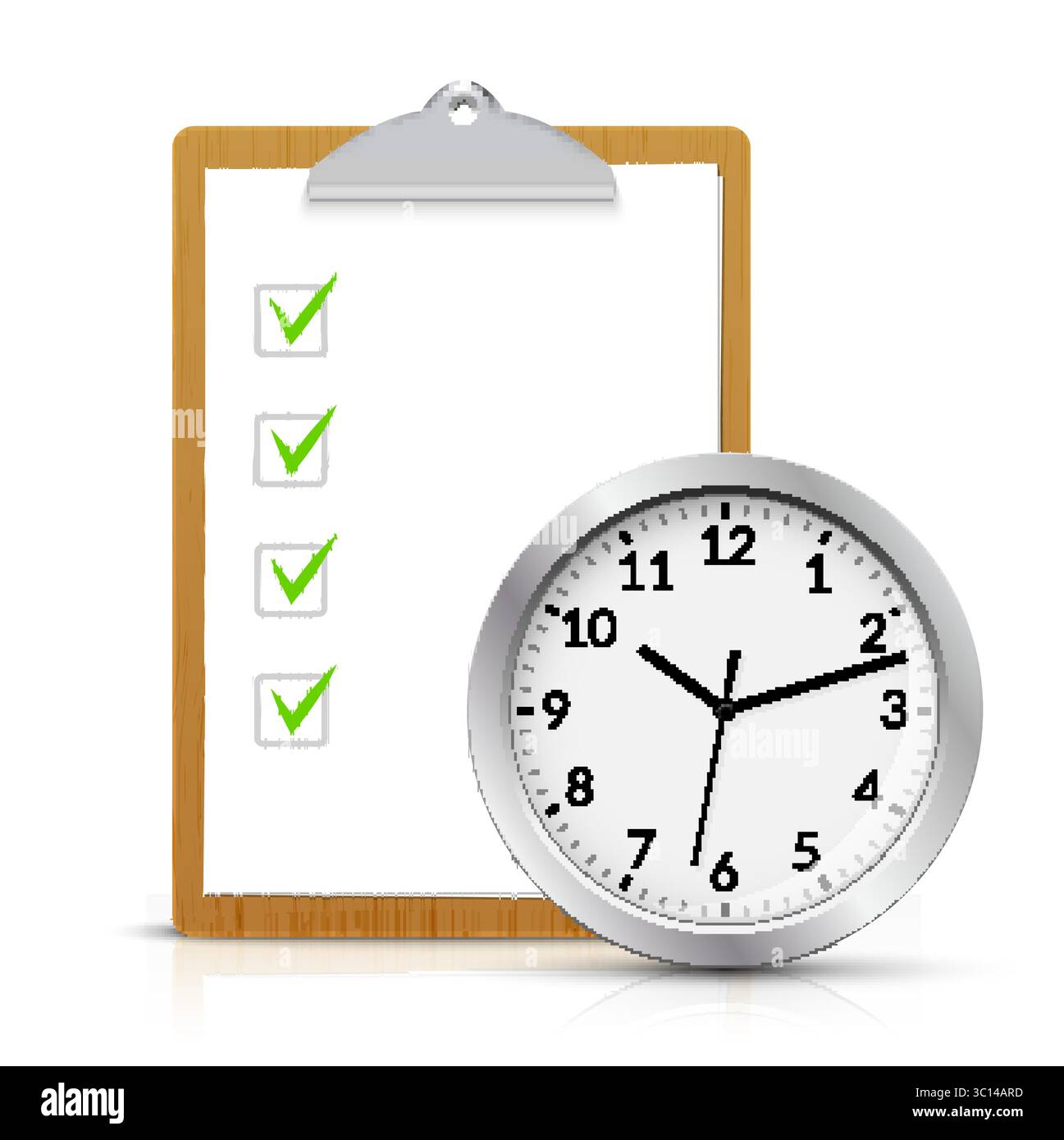 Clipboard checklist with green check marks and analog wall clock ...
