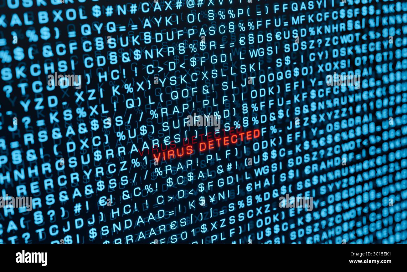 Virus detected, computer warning sign. Virus detected, computer warning sign. Random letters, signs, computer code, bits and bytes. System message, cyber attack, threat, network security, hacked, computer crime. 3D illustration img technology065s02 random letters warning sign virus detected Stock Photo