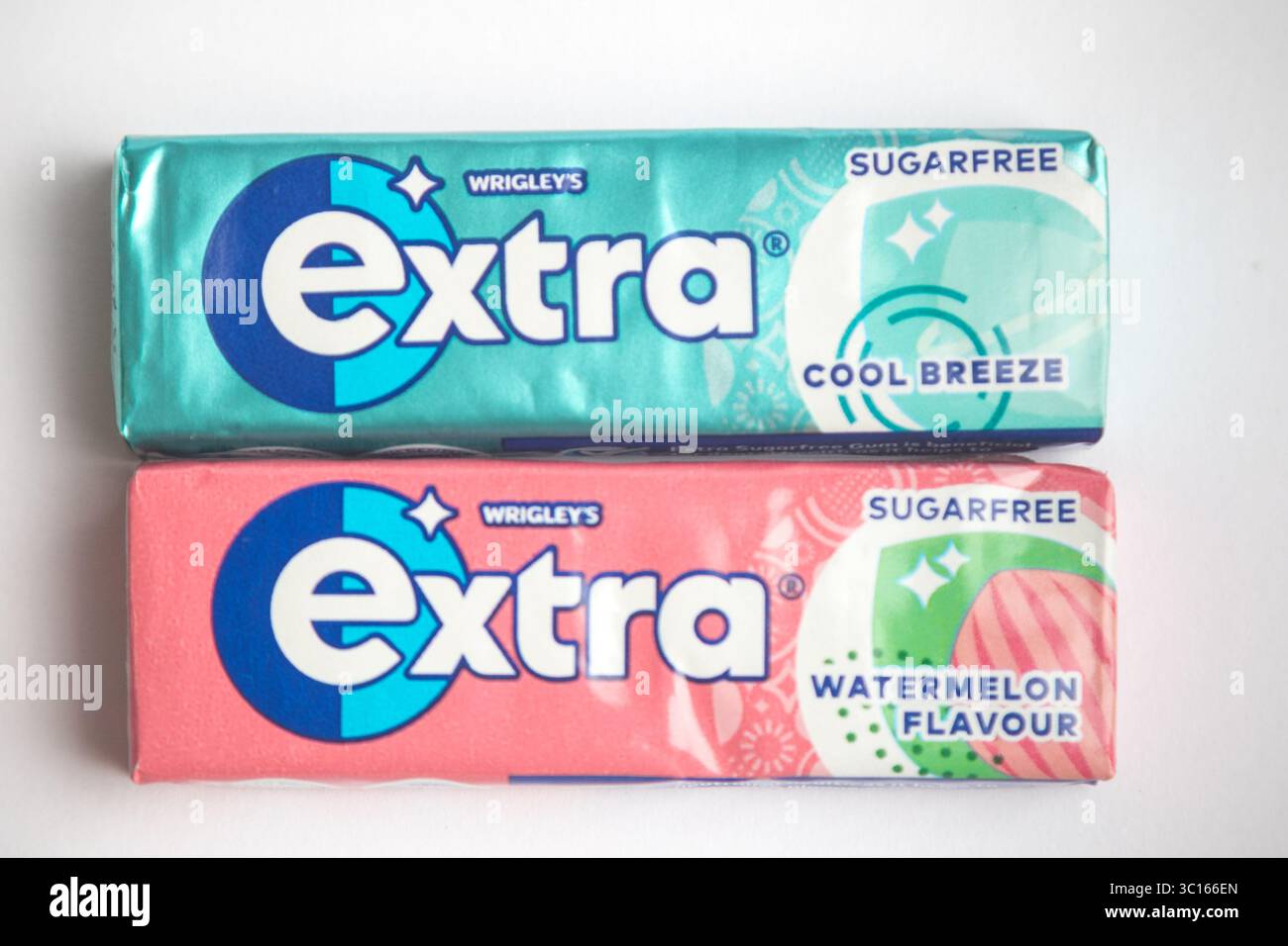 London, United Kingdom, 21st July 2025 :- A view of  packets of Wrigley's Extra Cool Breeze and Watermelon Chewing Gum, Against A White Background Stock Photo