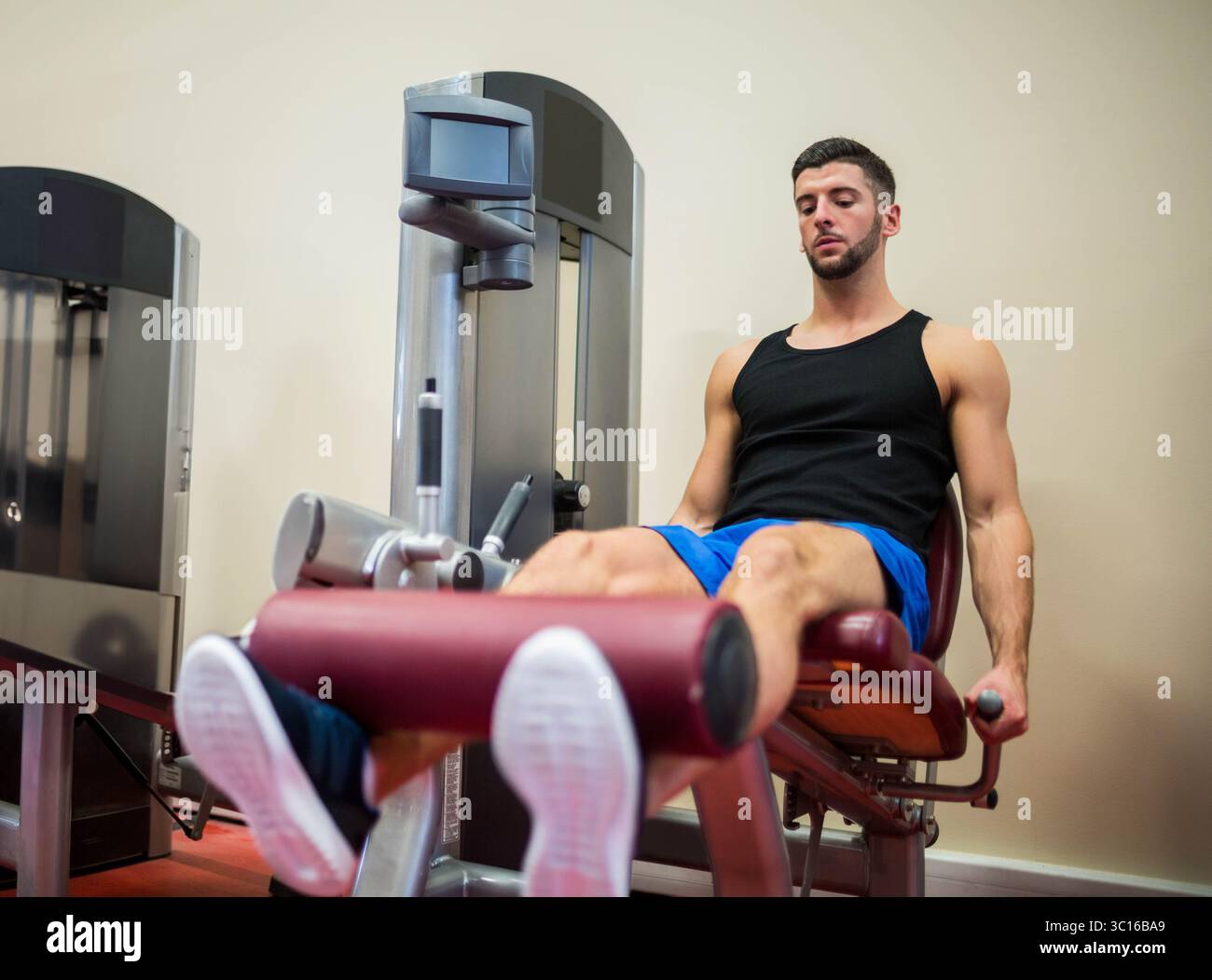 Leg Extension Machine Weight Stack Leg extension machine standing unused in gym area, with padded rollers ...