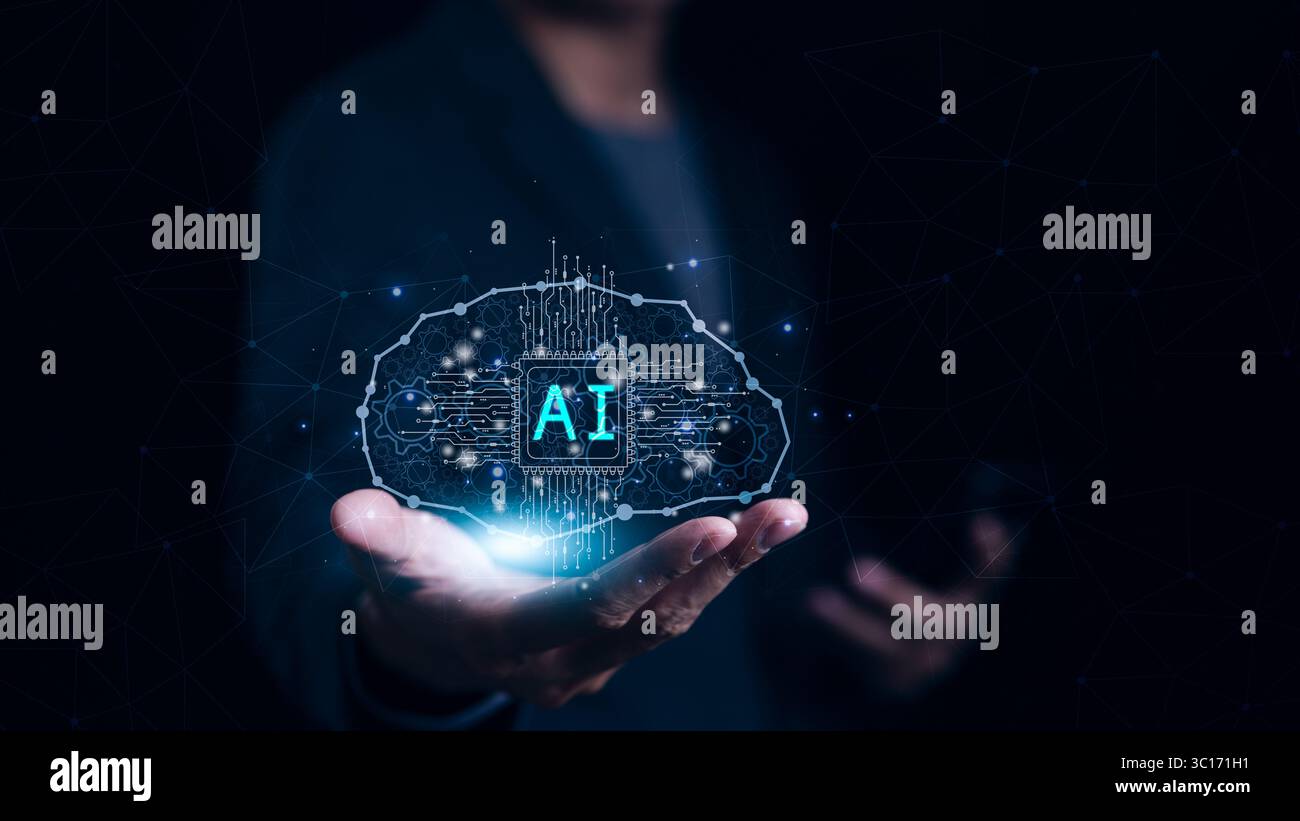 Ai, Artificial intelligence technology concept. Hand touching brain of ...