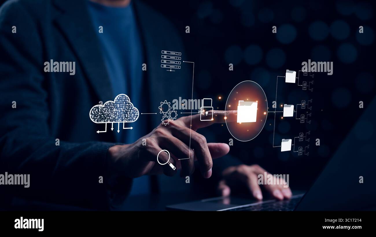 DMS document management system concept. Businessman working and using documentation database management software technology, and process automation Stock Photo