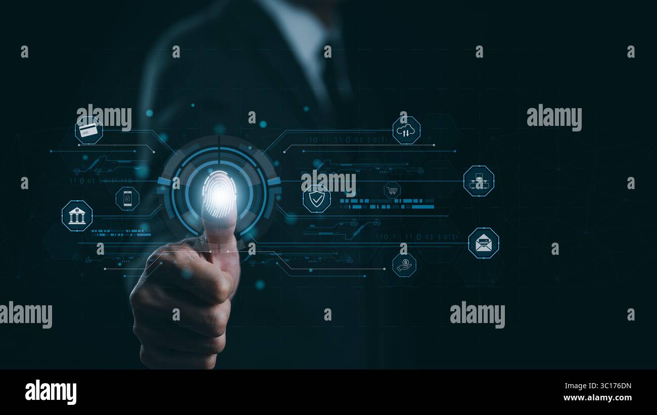 Cybersecurity concept. Businessman using thumb to scan fingerprint or for digital processing biometric identification to access security system Stock Photo