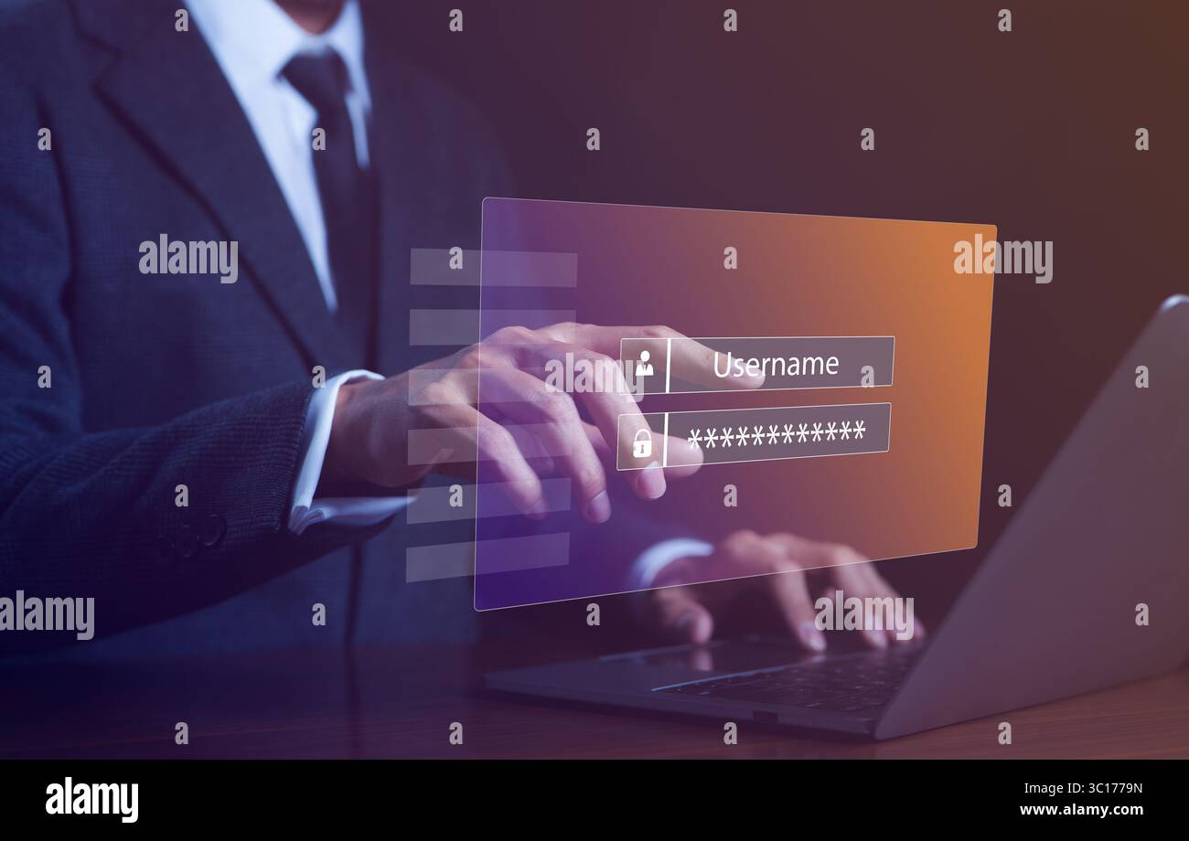 Cyber security concept. Businessman entering username and password for personal information access. Data login protection and secure internet access, Stock Photo