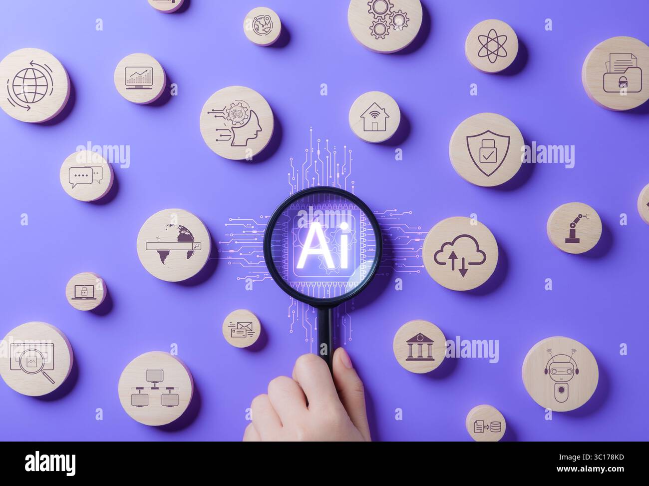 AI Artificial Intelligence technology concept. Hand holding magnifying glass focus on Ai chip on purple background. AI prompt generator, Assists human Stock Photo
