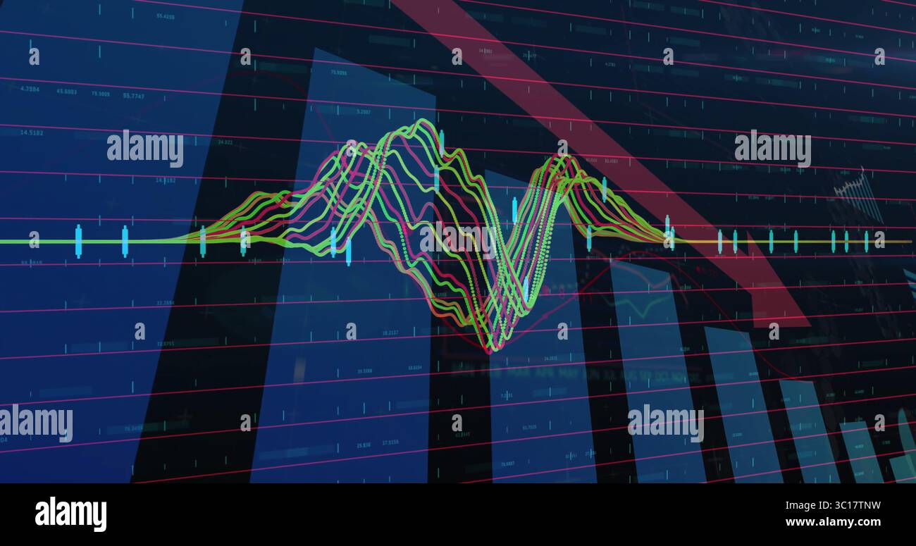 Multicolored 3D wavy line plot undulating in analytics dashboard, with bars, candlesticks, red band Stock Photo