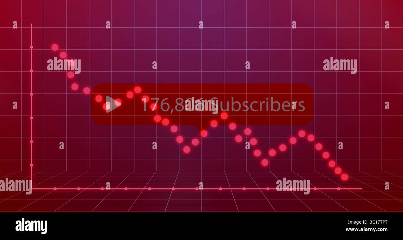 Displaying red-pink subscriber count in analytics space, points and grid lines, play button overlay Stock Photo