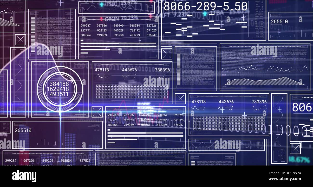 Displaying data panels showing numeric data on dashboard, with circular gauge and binary code Stock Photo