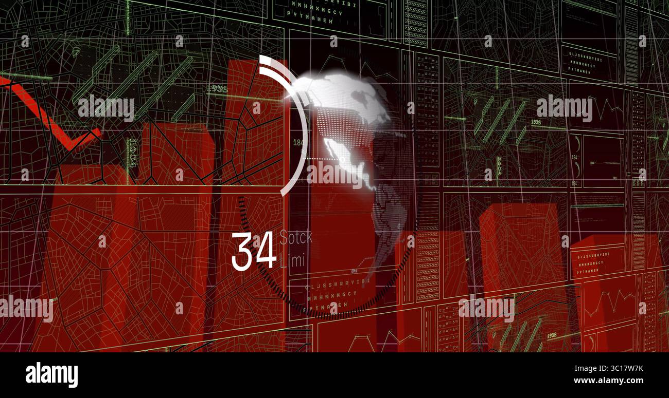 Displaying 3D globe updating data on virtual dashboard, with wireframe maps and numeric readouts Stock Photo