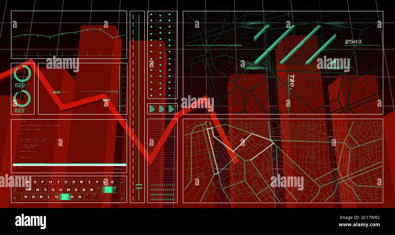 Displaying data dashboard at command center console, with line and bar charts and map overlay Stock Photo