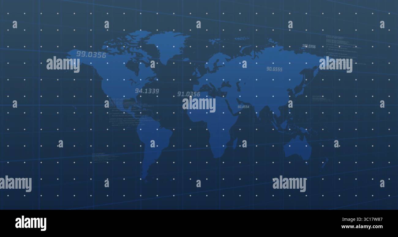 Displaying vector world map with grid overlay on analytics dashboard and floating-point data labels Stock Photo