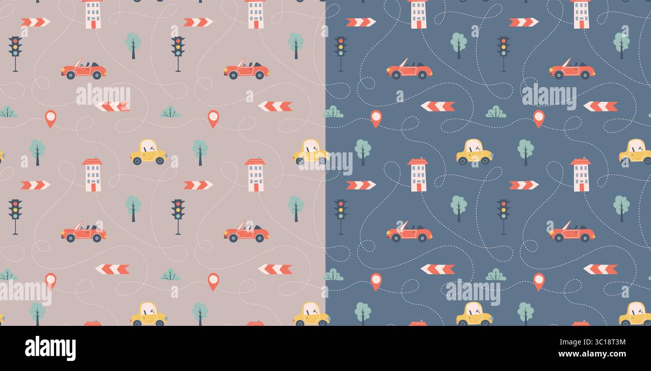Kids seamless pattern with car, bus and road. Perfect for fabric ...