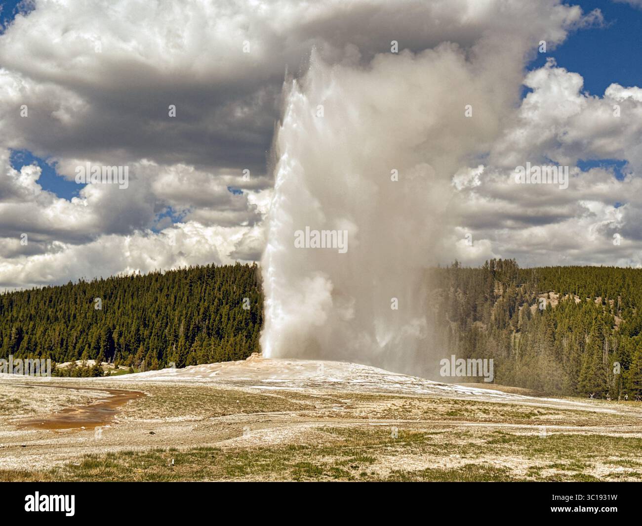 Scenic view of the Old Faithful Geyser eurpting with jets of boiling water and clouds of steam. No people. - Smartphone Captured Stock Image
