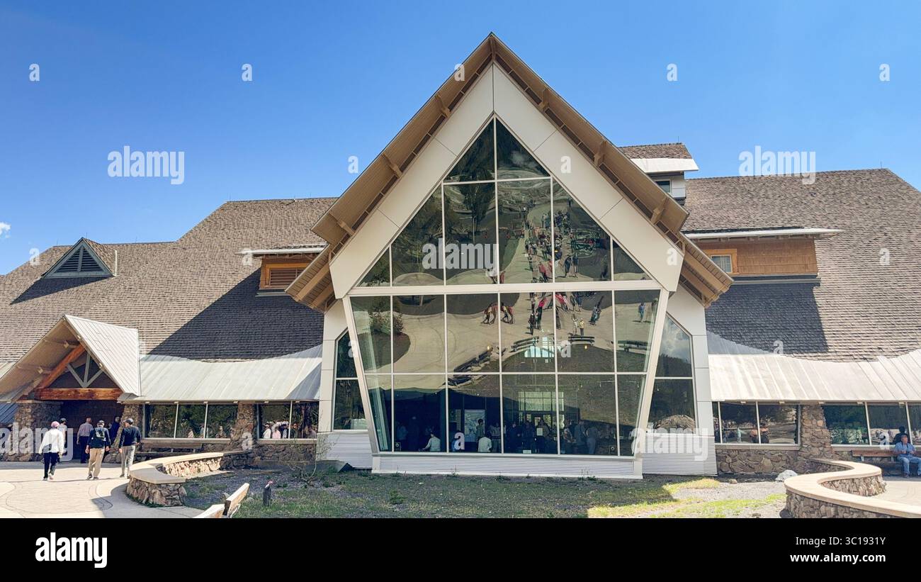 Yellowstone, Wyoming, USA - 28 May 2025: Front exterior view of the visitor centre for Old Faithful geyser in Yellowstone National Park. - Smartphone Captured Stock Image