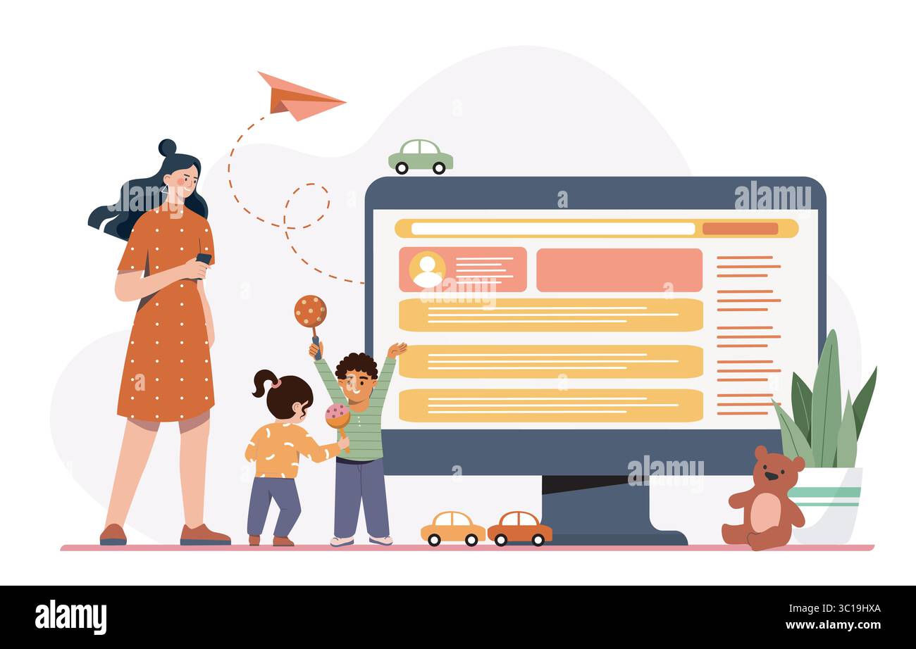 Mom with kids near big computer screen. Vector illustration Stock ...