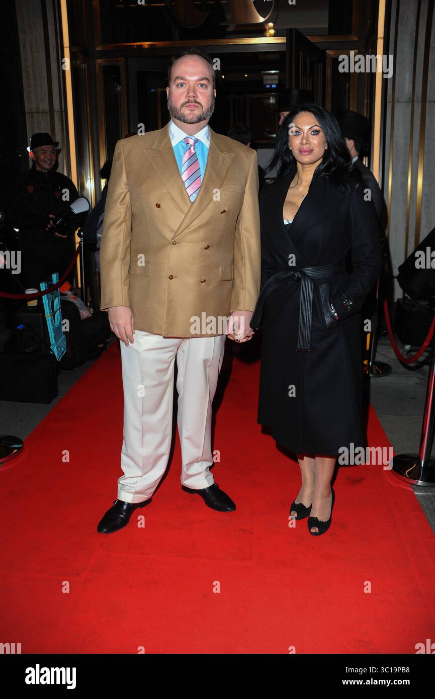 February 5, 2019 - London, United Kingdom - Jonathan Sothcott and Janine Narissa attends the Ray Burmiston fundraising exhibition at The Athenaeum Hotel in London. (Credit Image: © Terry Scott/SOPA Images via ZUMA Wire) Stock Photo
