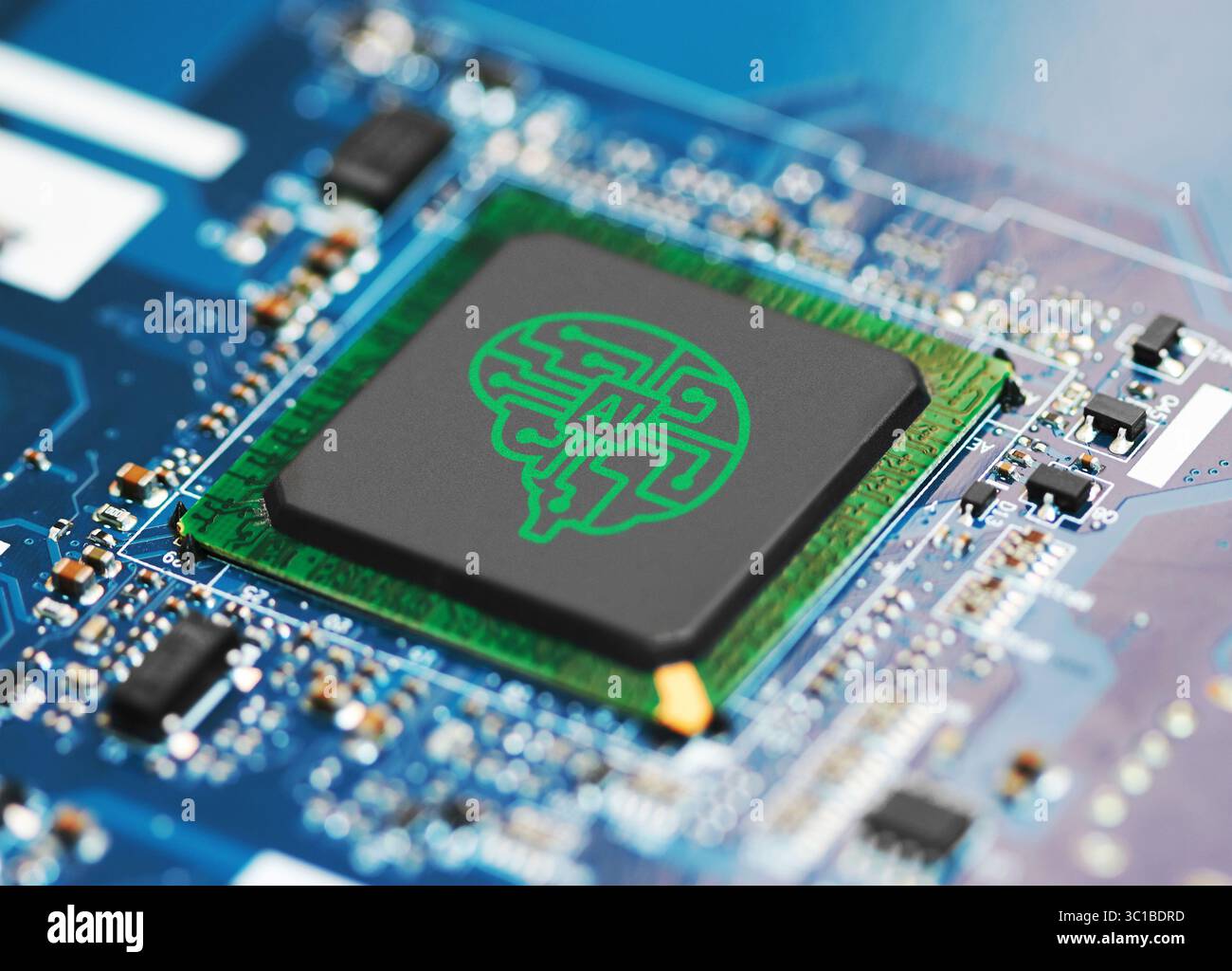 Electronic circuit board with AI processor, close up Stock Photo