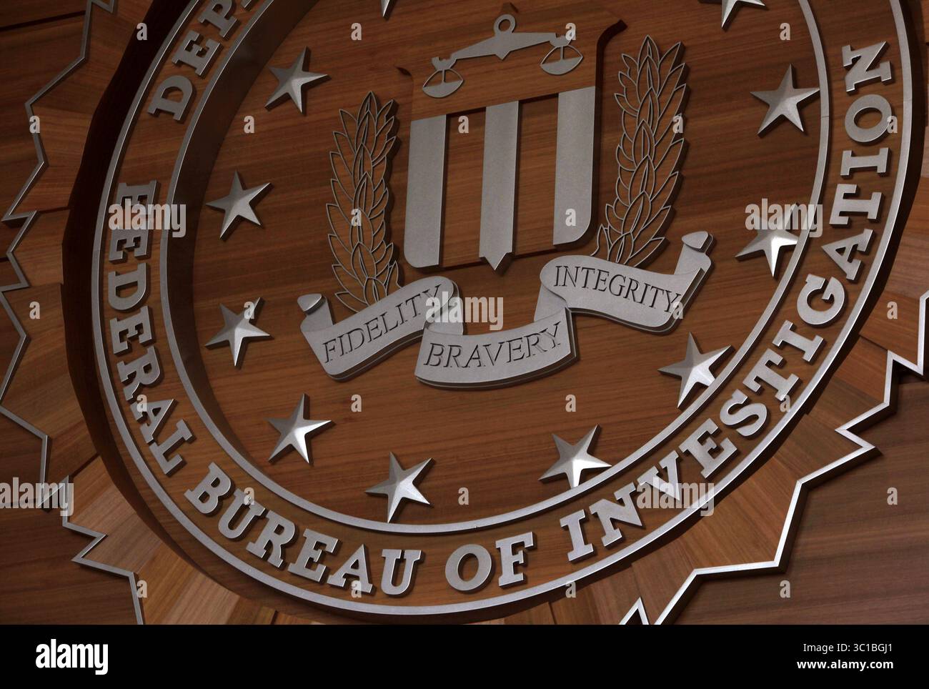March 9, 2012 - U.S. - Displayed on the wall of the first floor lobby is FBI badge at the new FBI headquarters in Brooklyn Center on Friday March 9, 2012. JOEL (Credit Image: Joel Koyama/Minneapolis Star Tribune/TNS via ZUMA Wire) Stock Photo