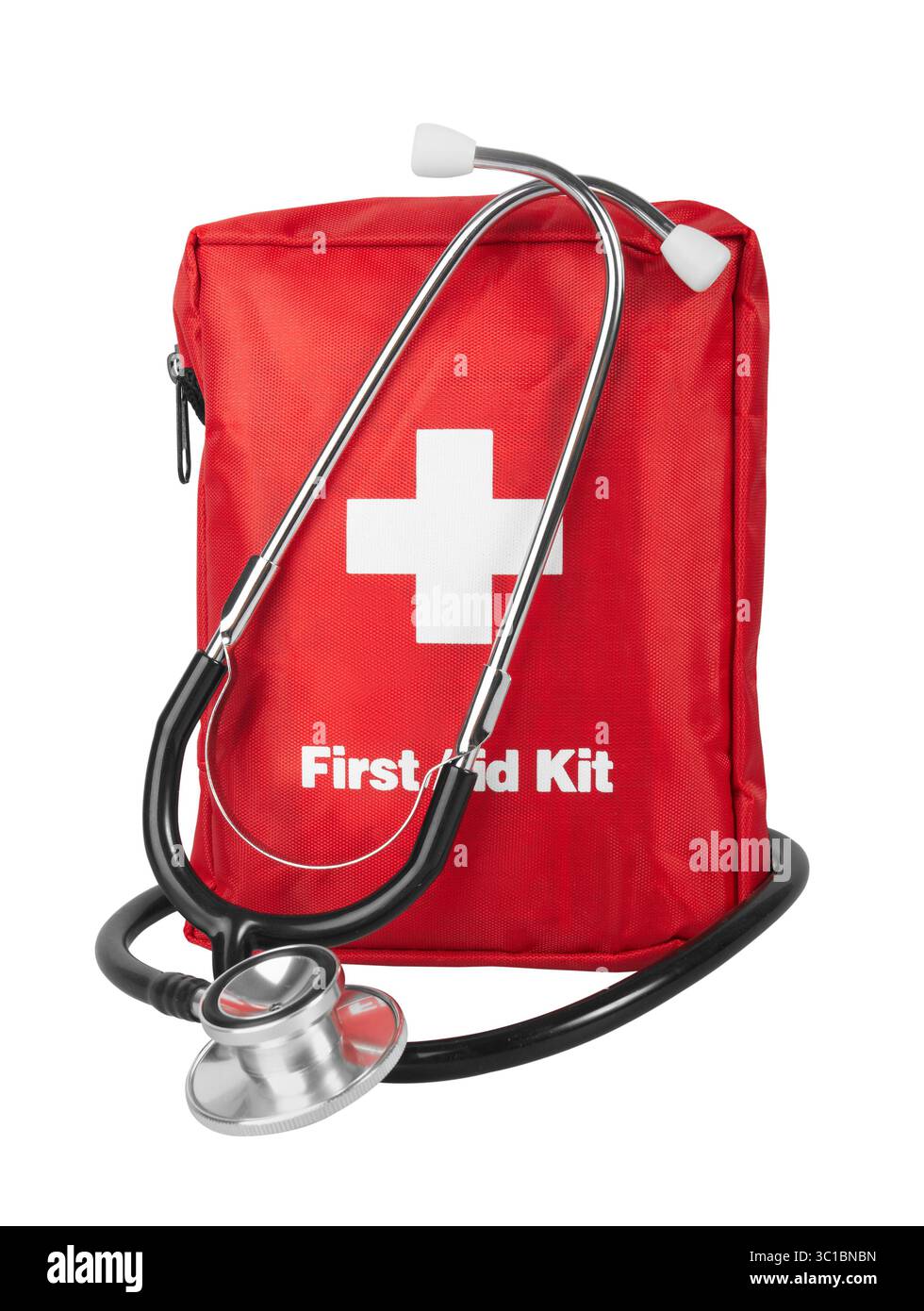 First Aid Kit with stethoscope, Isolated on white background Stock Photo