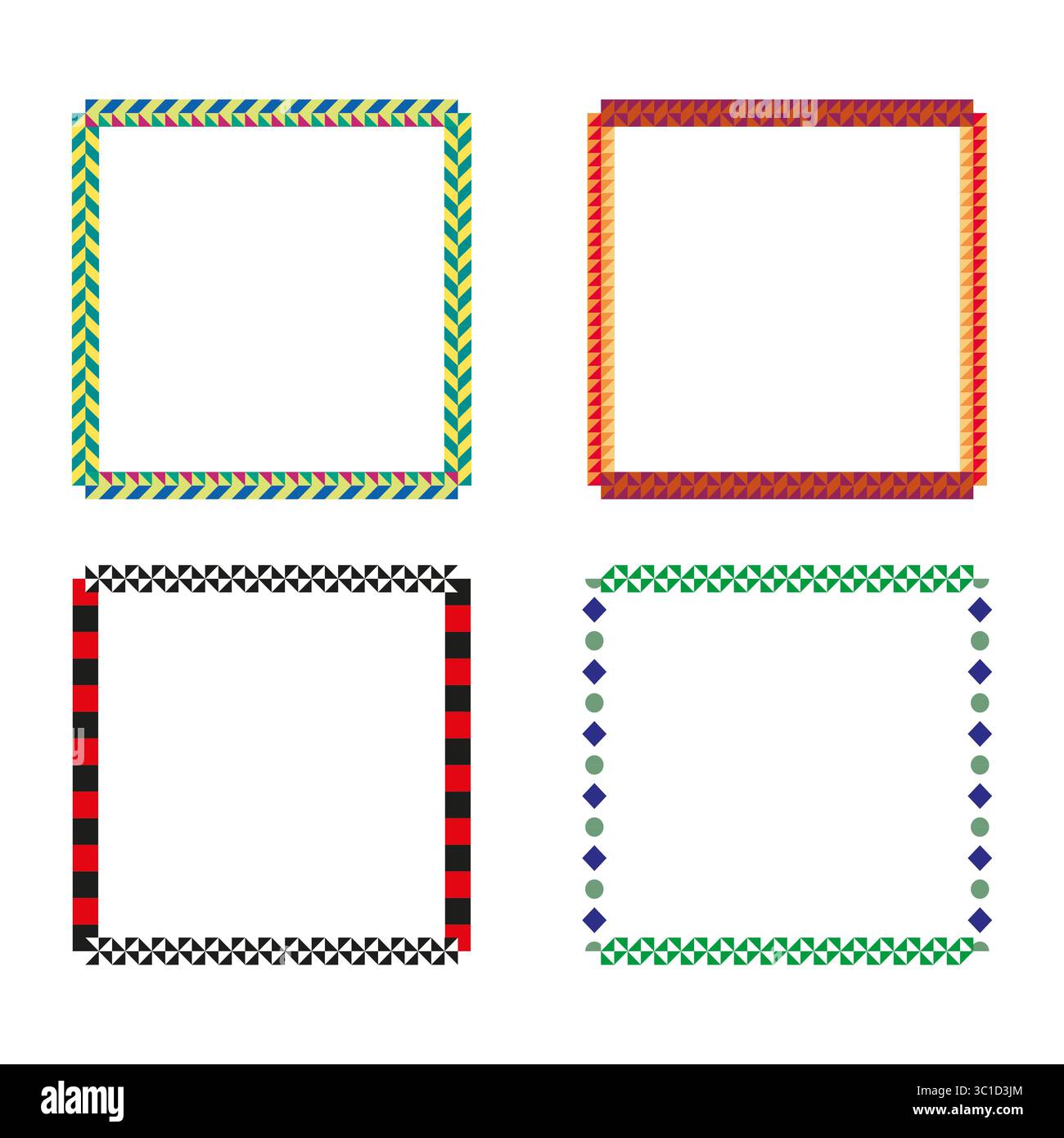 Colorful square patterns. Geometric triangle borders. Vector vibrant frames. Decorative outline symbols. Stock Vector