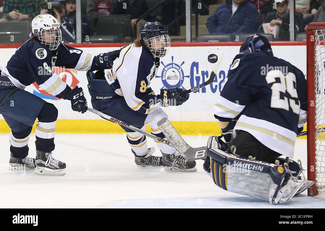 March 4, 2016 - St. Paul, MN, U.S. - St. Paul Academy's Justin Jallen, left, and goalie Andrew Beran defended against Hermantown's Jesse Jacques during the first period of the Class 1A boys' hockey semifinals, Friday, March 4, 2016 at Xcel Energy Center in St. Paul, MN. (/STAR TRIBUNE) (Credit Image: Elizabeth Flores/Minneapolis Star Tribune/TNS via ZUMA Wire) Stock Photo