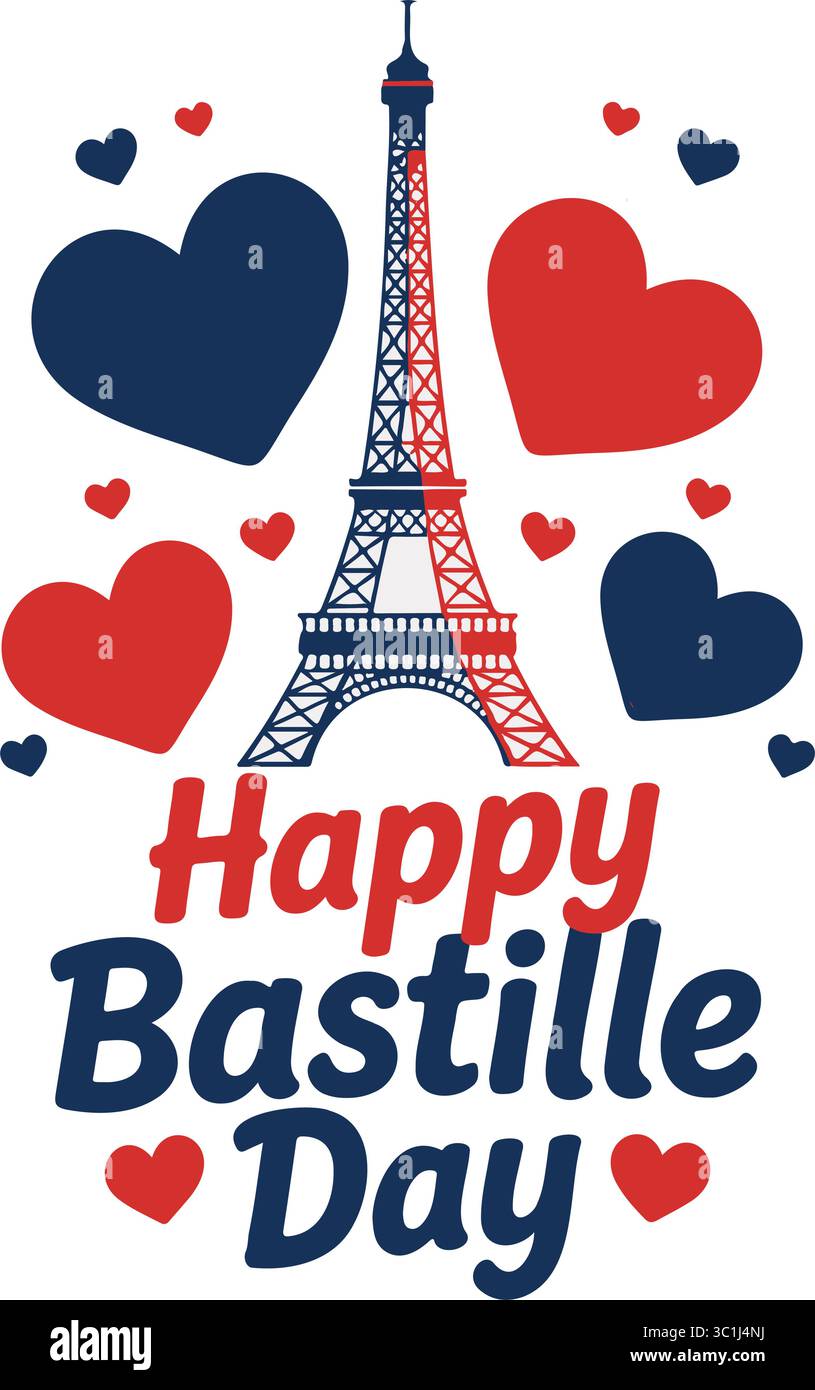 Happy Bastille Day Vector Greeting with Eiffel Tower & Hearts Stock Vector