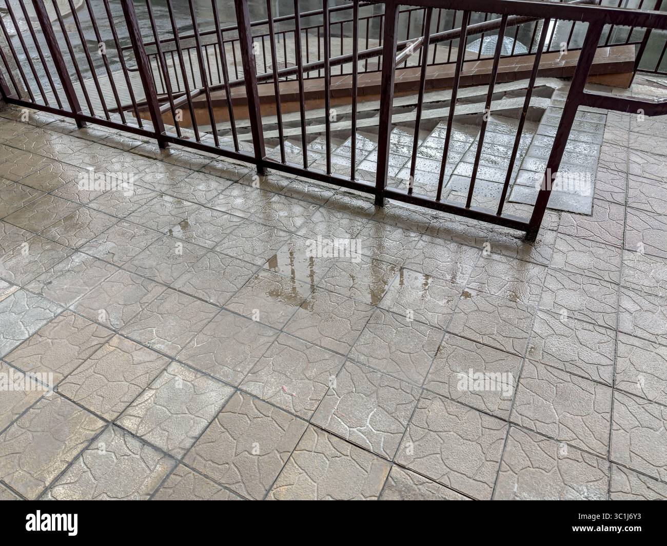 wet concrete staircase with black metal handrail during rain in the city. Stock Photo