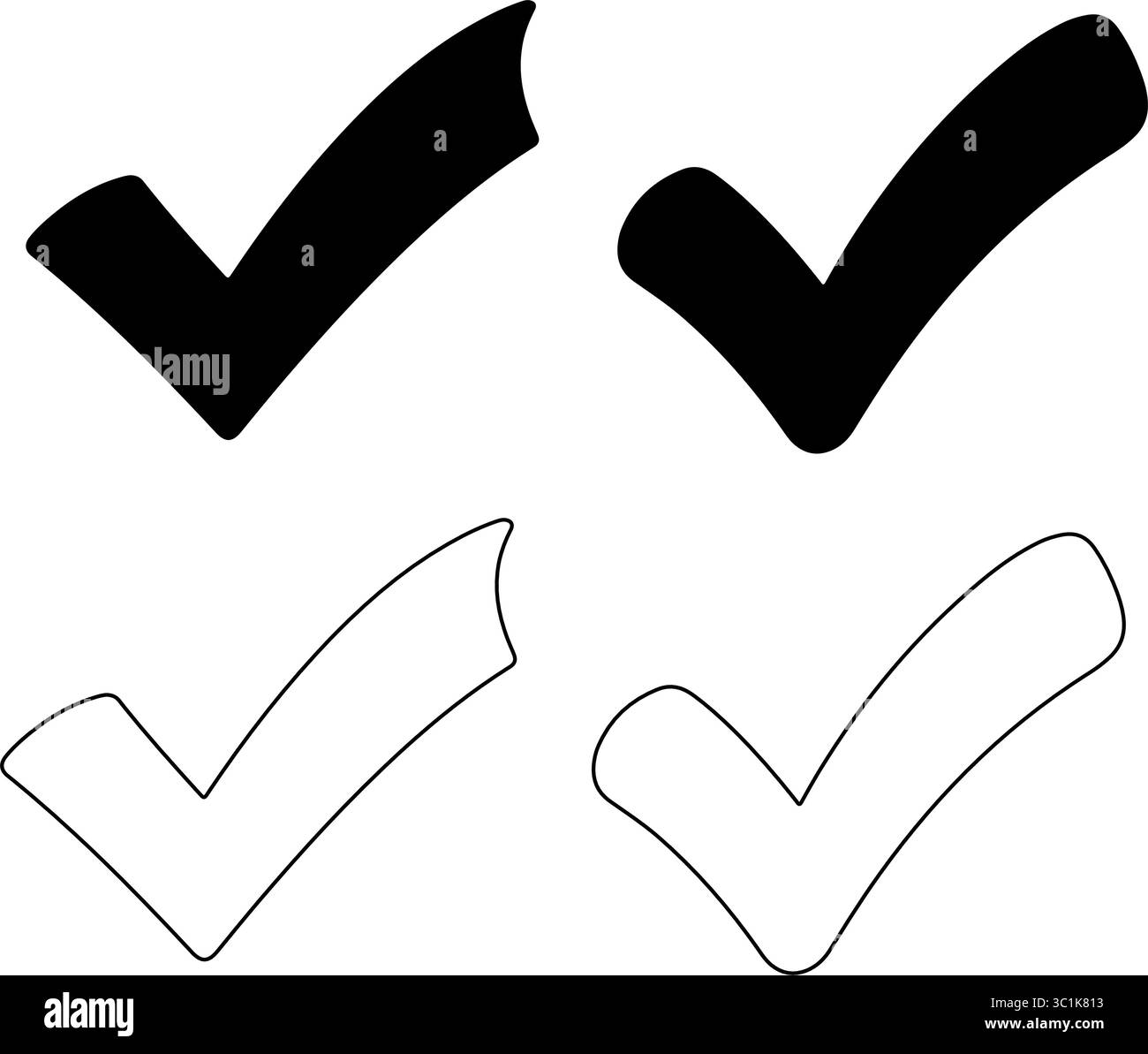 Check Mark Icon Set Vector Illustration Featuring Solid Black Silhouette and Thin Outline Tick Marks for Right Choice, Task Completion, Correct Answer Stock Vector