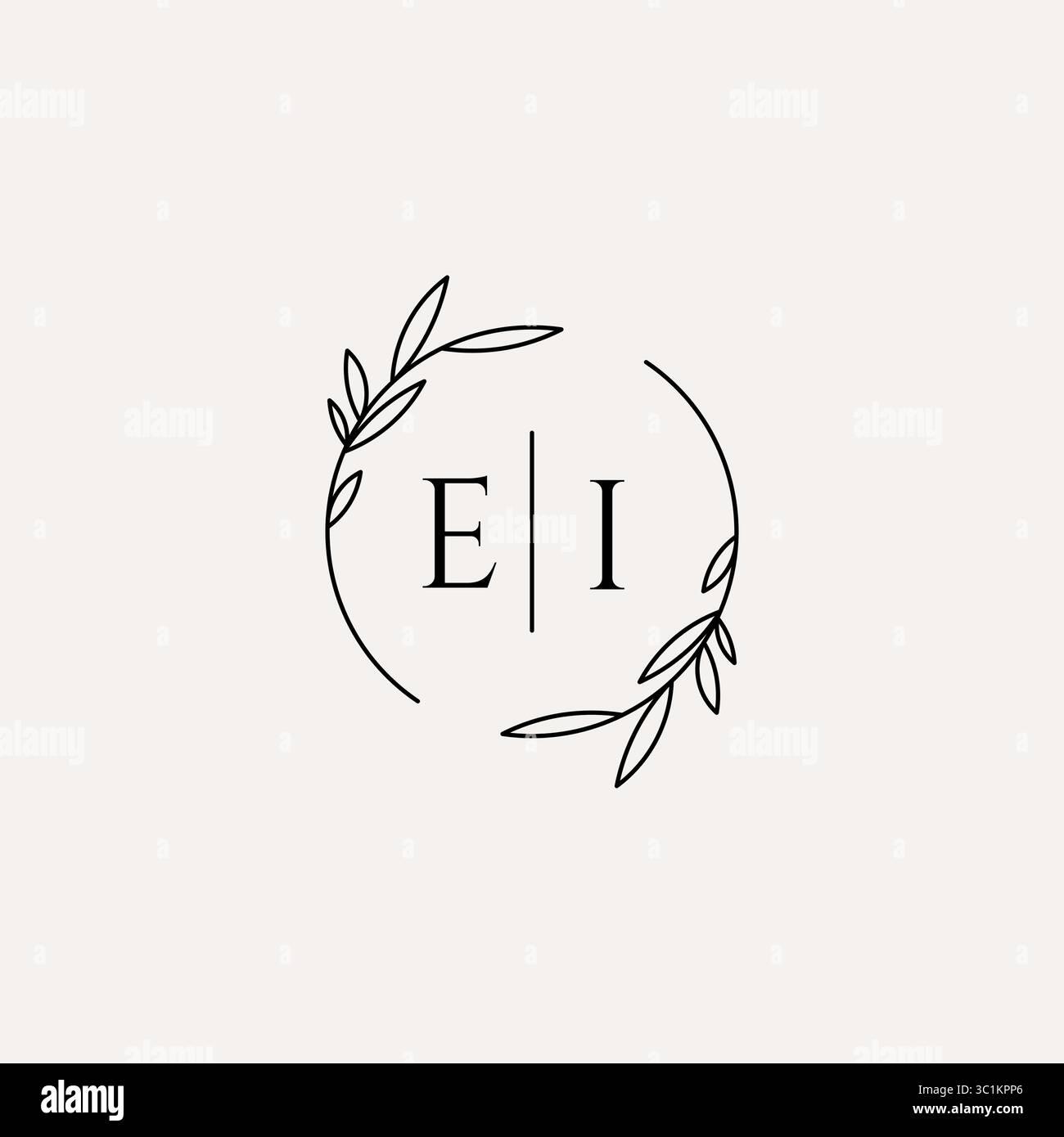 Letter EI wedding monogram logo design with simple natural circle leaf frame vector graphic Stock Vector