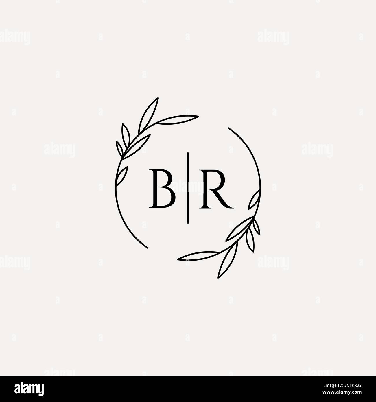 Letter BR wedding monogram logo design with simple natural circle leaf frame vector graphic Stock Vector