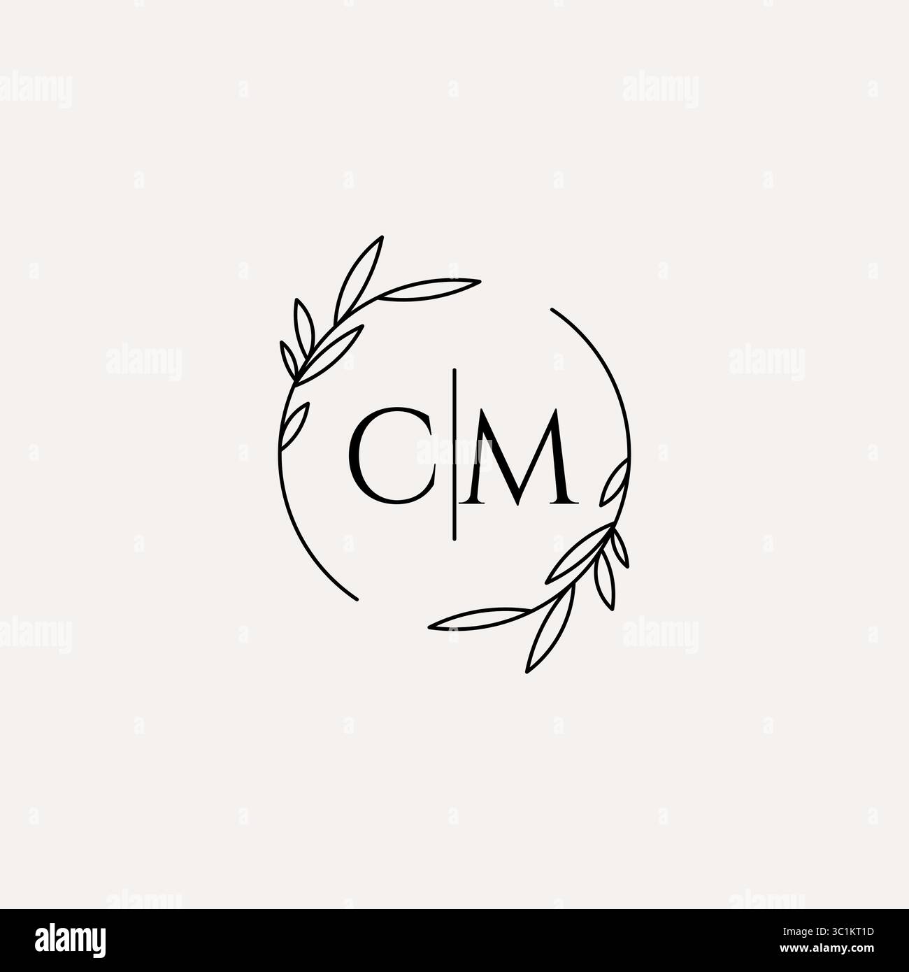 Letter CM wedding monogram logo design with simple natural circle leaf frame vector graphic Stock Vector