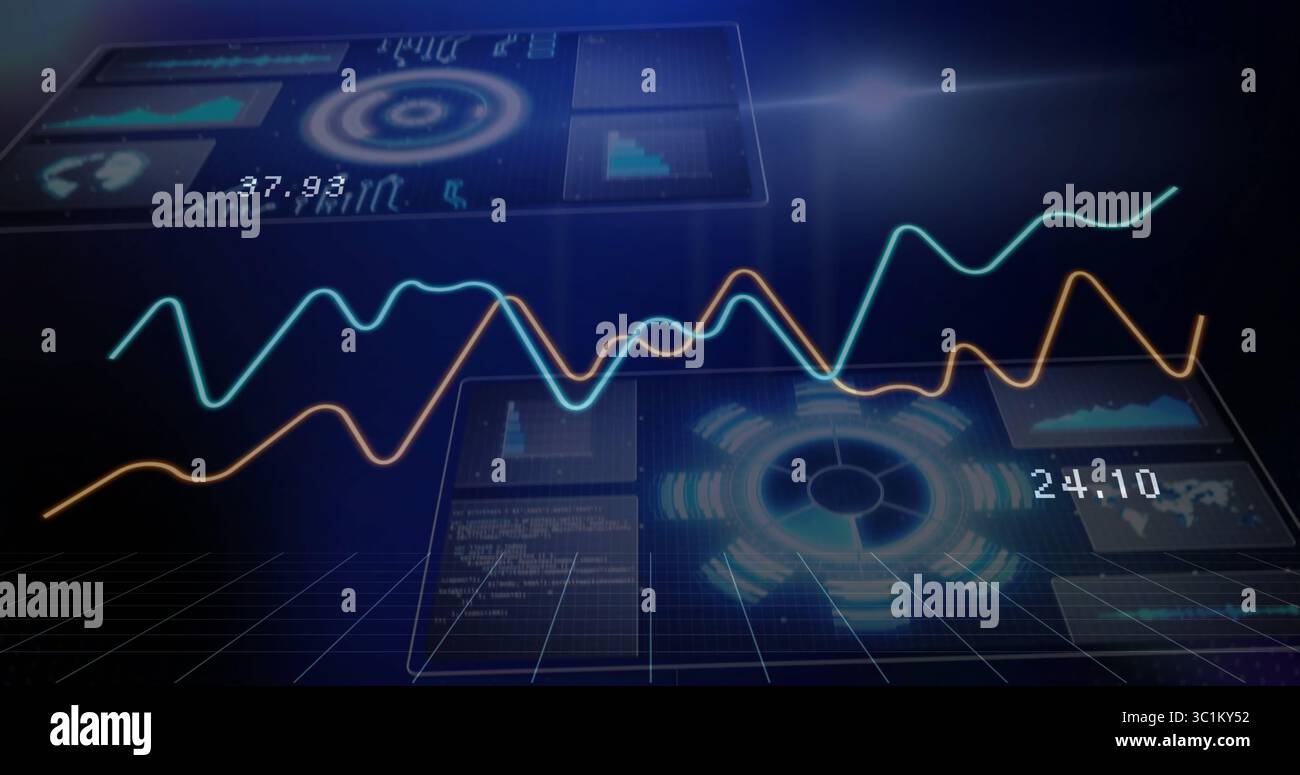 Floating data panels showing line graphs, bar charts and map overlays ...