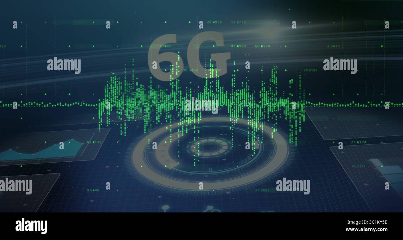 Displaying holographic 6G interface projecting data hub in virtual dashboard, with green waveform Stock Photo