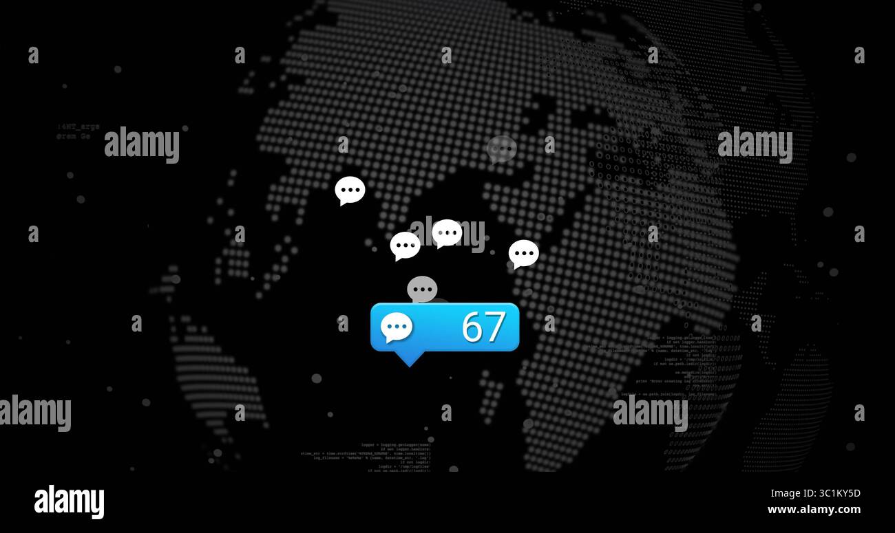 Blue chat notification bubble showing 67 floating over dotted Earth in ...