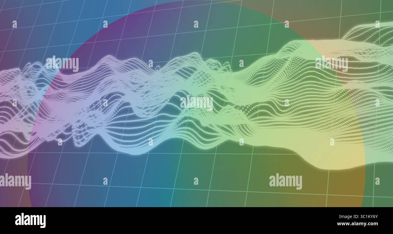 Displaying abstract dotted waveform undulating across data visualization, with colored circles Stock Photo