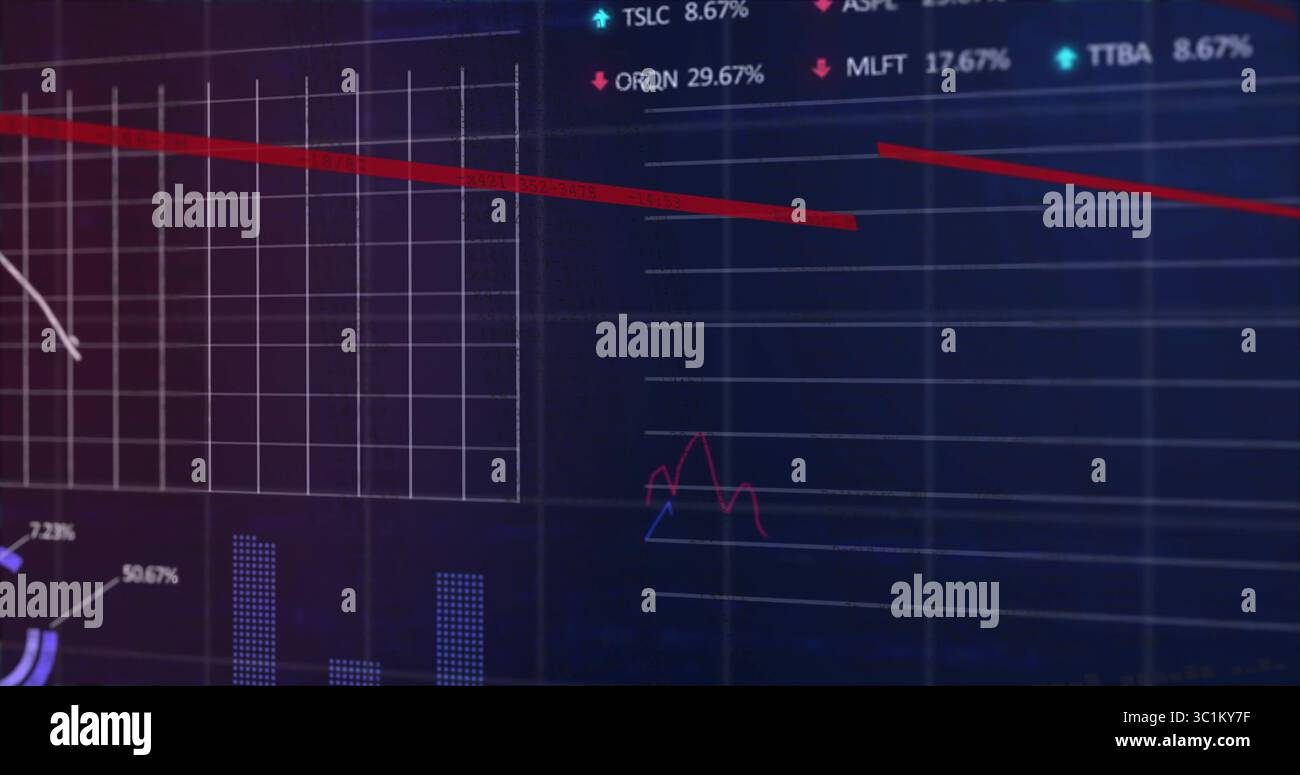 Displaying downward trending red line graph over white grid in trading ...
