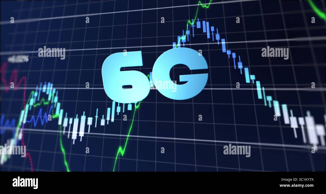 Displaying centered pale blue 6G label over chart interface, with candlestick bars and line graphs Stock Photo