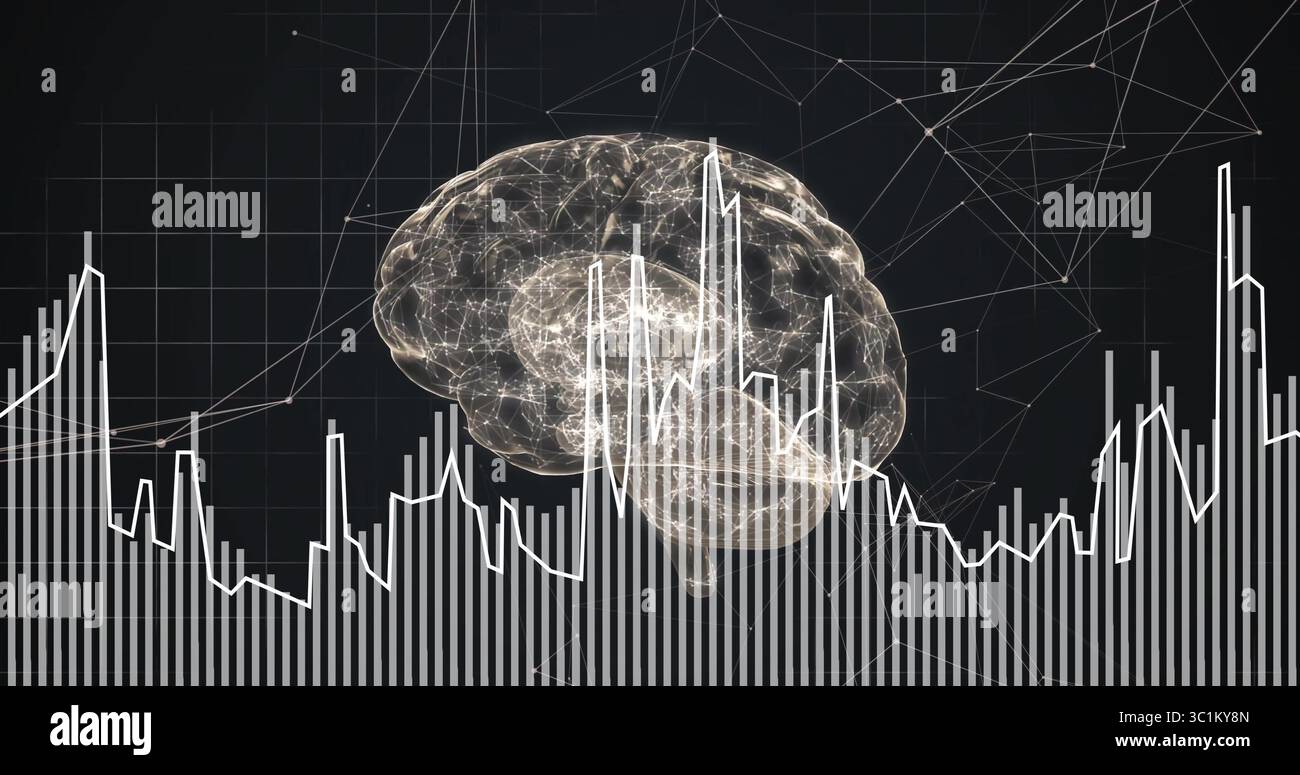 Displaying 3D brain revealing neural pathways in dark grid interface, with bar chart and line graph Stock Photo