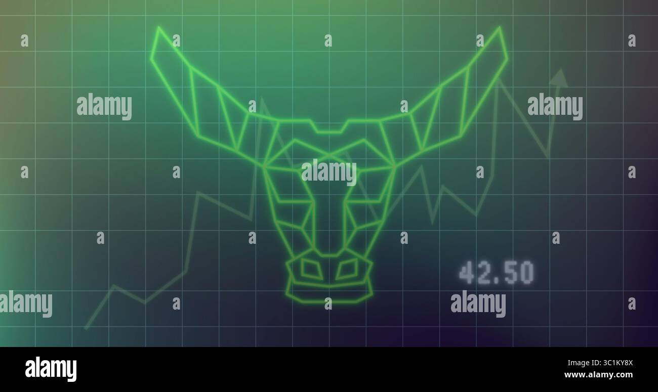 Overlay Bull Displaying neon bull head on financial chart screen, with grid overlay ...