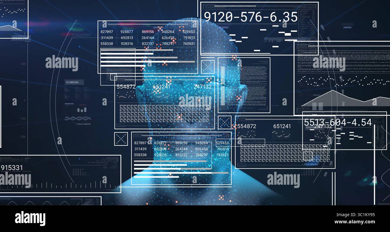 Displaying blue wireframe head scanning digital interface, with floating UI panels and charts Stock Photo