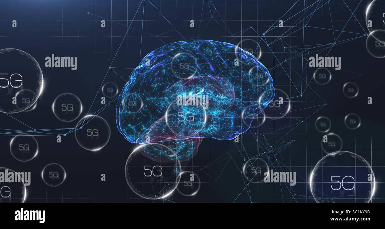 Glowing digital brain pulsing with neon network lines in high-tech data ...