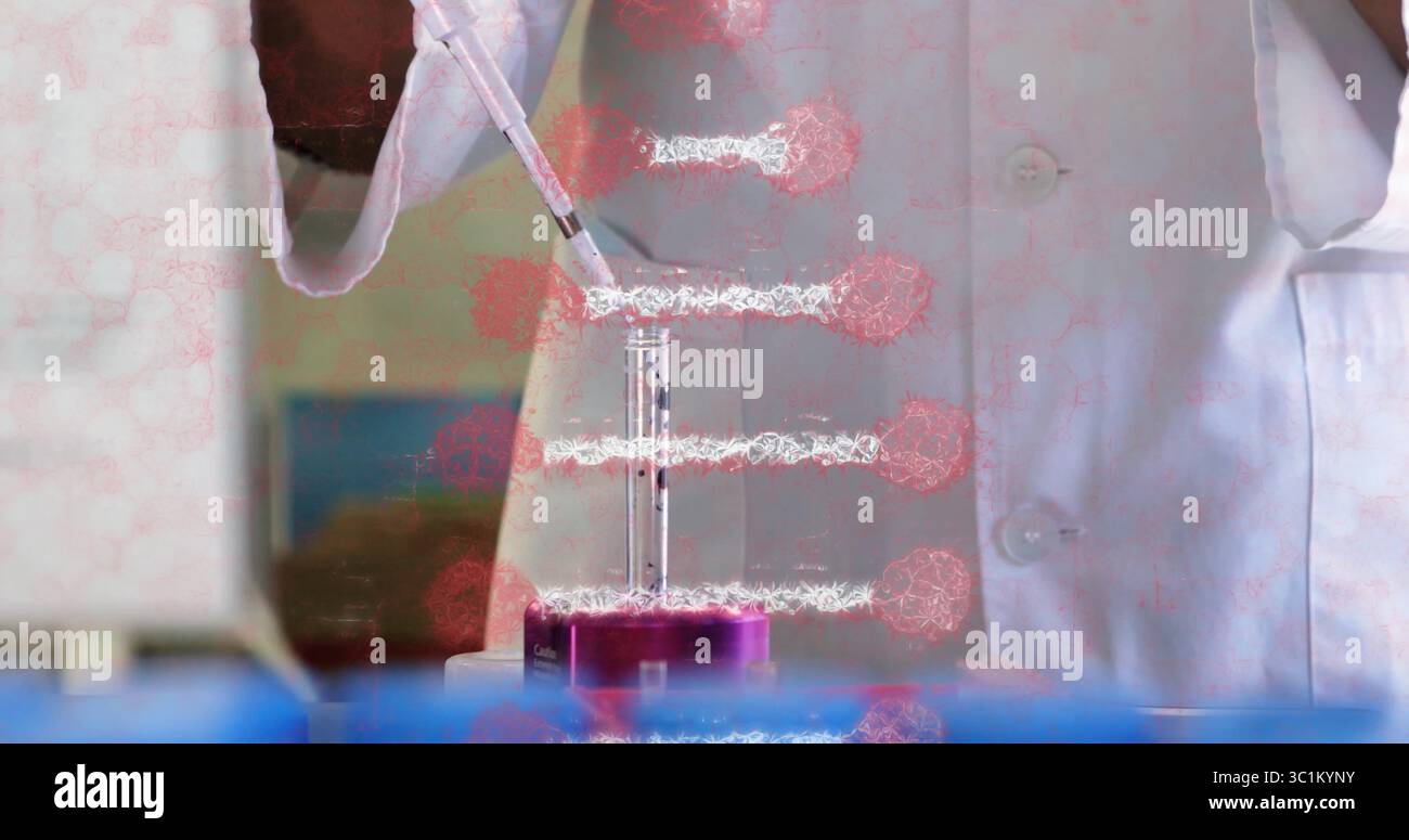 Scientist wearing lab coat, gloves dispensing liquid with pipette into ...