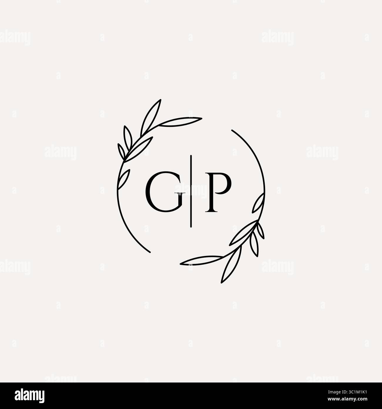 Letter GP wedding monogram logo design with simple natural circle leaf frame vector graphic Stock Vector