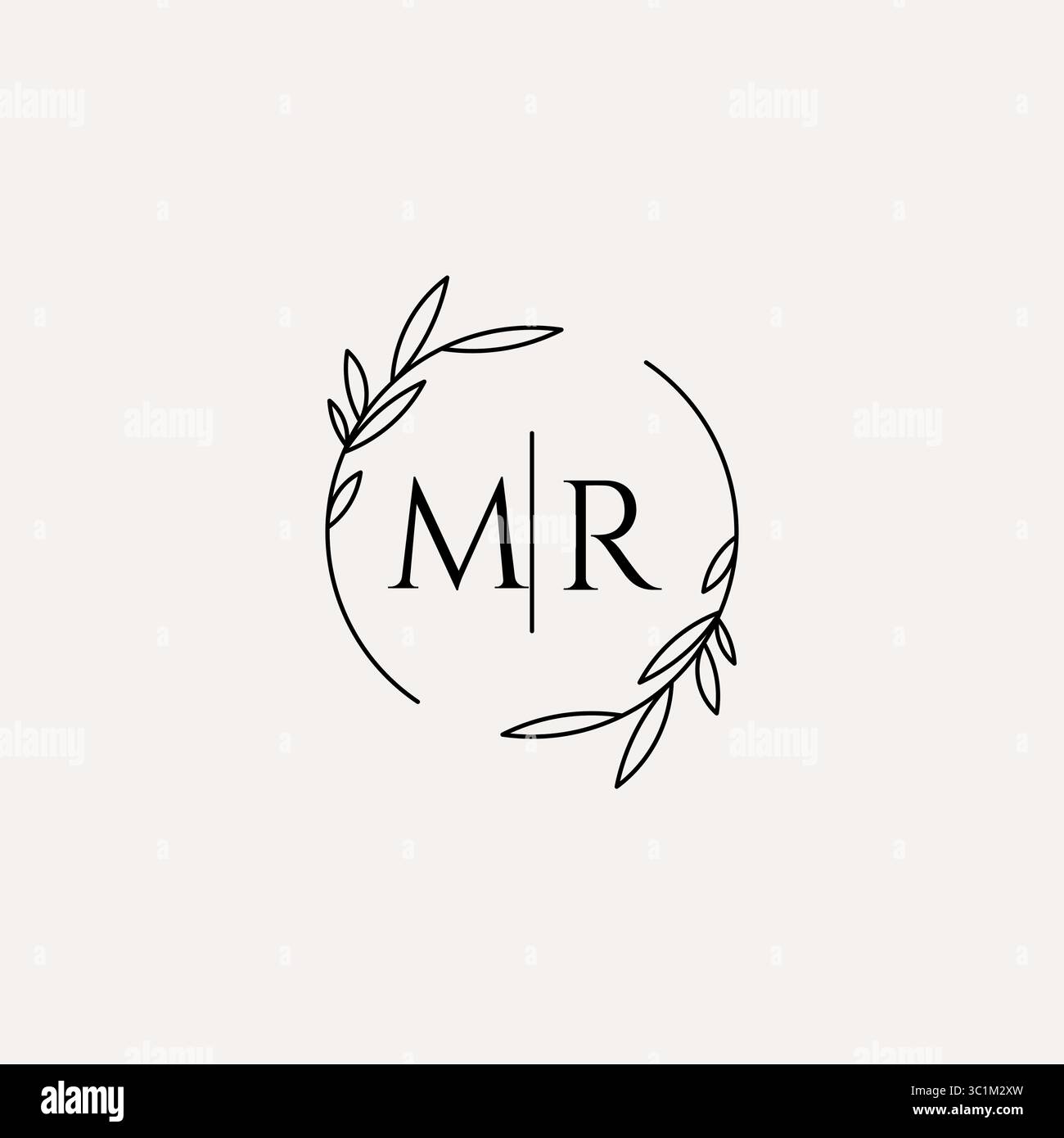 Letter MR wedding monogram logo design with simple natural circle leaf frame vector graphic Stock Vector